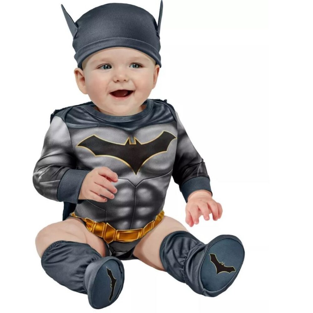 Batman Halloween Costume 6/12 months Black Bodysuit, Cape 4 Pc Boys Baby Infant